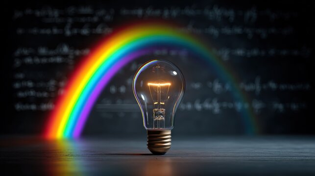 A glowing light bulb stands in front of a dark background with mathematical formulas and a vibrant rainbow arching behind it.