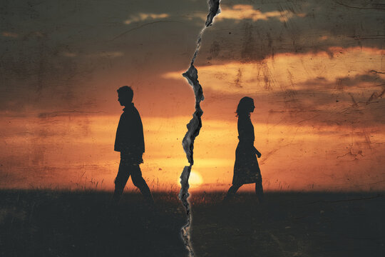 The silhouette of a man and a woman each walking away from their partner, implying the meaning of separation.