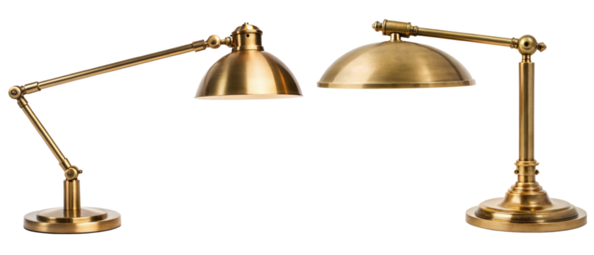 Two elegant brass desk lamps with adjustable arms isolated with transparent background