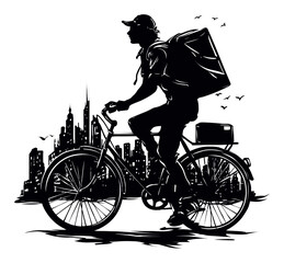 Obraz premium Silhouette of a Person Riding Bicycle in Urban Setting with Delivery Bag