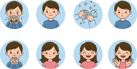 Hand washing awareness, dirty hands, clean hygiene, health education for kids, emotional expressions, safety practice, children emotions, personal care, cartoon illustration, germs prevention, 
