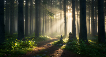 Obraz premium Serene Forest Path with Sunlight and Lanterns in a Peaceful Landscape