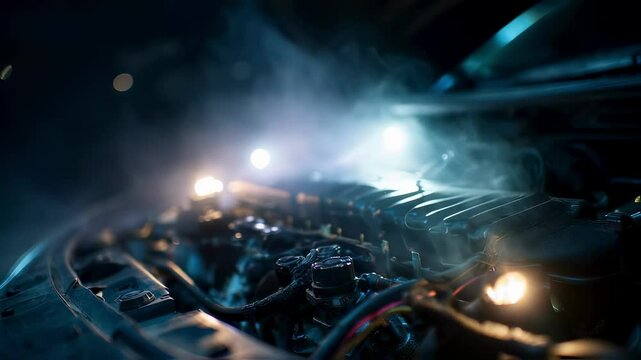 Engine smoke rising from overheated motor bay, service lights illuminating dark garage interior during automotive maintenance and troubleshooting