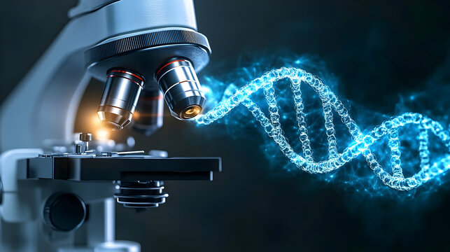 Close-up of a microscope on a background of laboratory equipment and macro image of DNA in an animated style. The concept of innovative medical technology