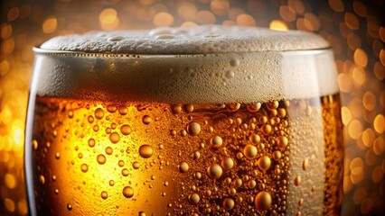 Closeup of a golden lager in a glass with frothy foam and effervescent bubbles