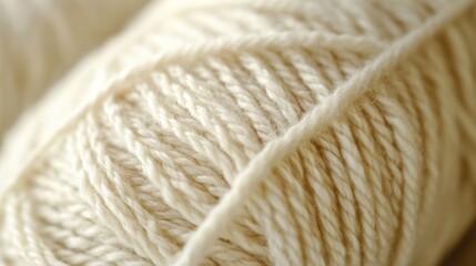 A cinematic close-up photograph of a skein of freshly spun, undyed wool yarn, highlighting its natural crimp, softness, and variations in thickness, with soft, diffused lighting Concept The purity of