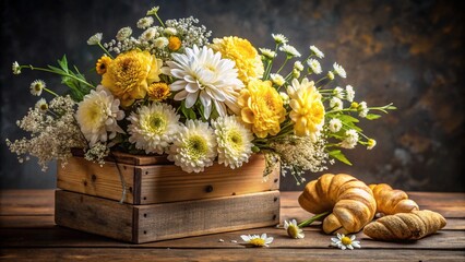 Still life bouquet with autumn sunflowers, flowers, fruit, and pumpkin in a basket, perfect for fall and Thanksgiving decoration