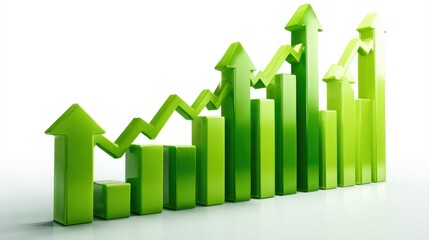 Green 3D bar chart with upward arrows indicating growth and positive financial progress.