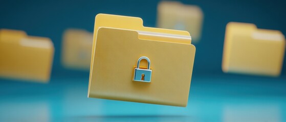 Yellow document folder with a padlock on a blue background multiple blurred folders visible behind the main subject