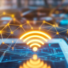 Close-up of glowing wi-fi symbol on modern digital device, surrounded by connected network cables and routers, representing internet service connectivity and modern technology integration.