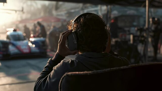 Race engineer overseeing pit stop operations, adjusting headphones while monitoring racing team performance from brightly illuminated garage workspace during high intensity automotive competition