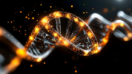 Close-up of a microscope on a background of laboratory equipment and macro image of DNA in an animated style. The concept of innovative medical technology