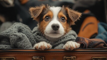 A small brown and white dog sits inside an open suitcase