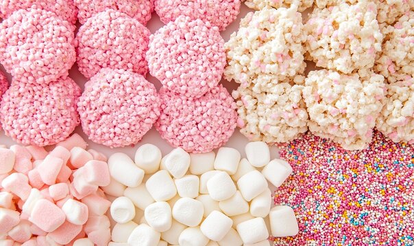 The image depicts an array of artisanal treats, including cookies and confections in assorted pastel shades, laid out on a textured surface with an off-white hue