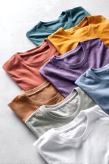 Collection of vibrant t-shirts displayed on a clean surface ready for printing and customization options