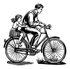 Naklejka premium Vintage Illustration of Father and Daughter Riding Bicycle Together