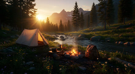 Camping Scene: Tent near a river with mountains at sunset, peaceful nature