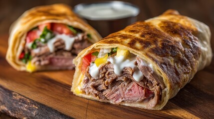 A close-up of a juicy steak wrap filled with vegetables, cheese, and creamy sauce on a wooden board with a small container of sauce in the background.