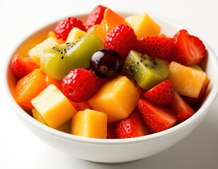fruit salad in a white bowl.