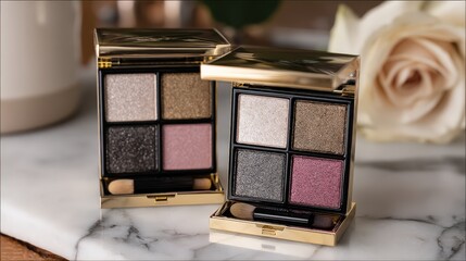 Two elegant eyeshadow palettes with glittery shades displayed on a marble surface, accompanied by a soft rose in the background.