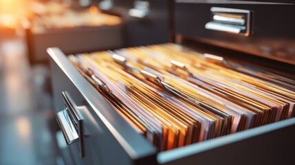 Open filing cabinet drawer filled with organized folders illuminated by warm light in an office setting.