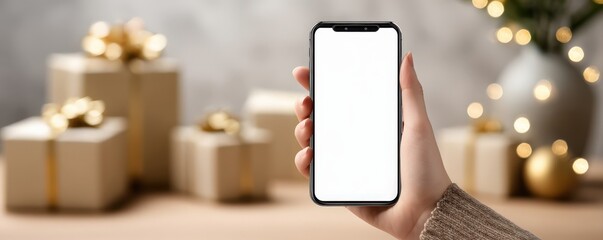 A hand holds a smartphone with a blank screen in front of a festive background featuring golden wrapped gifts and twinkling lights.
