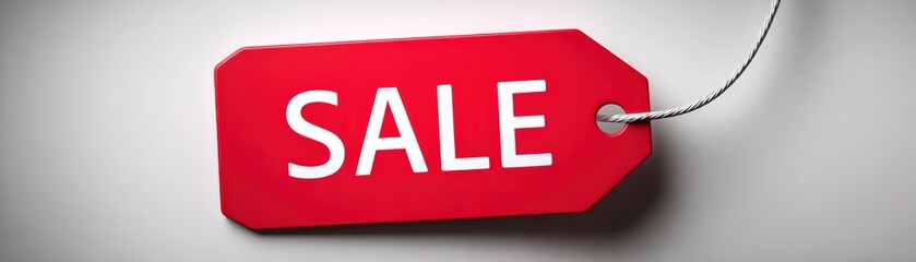 A bright red sale tag with white text hangs by a silver string on a plain gray background, symbolizing discounts and promotions.