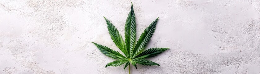 A single cannabis leaf is centered on a textured, light gray concrete background.