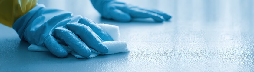 Person wearing blue gloves is cleaning a blue surface with a white cloth, focusing on hygiene and sanitation.