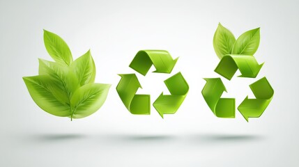 Three green recycle symbols combined with fresh green leaves, symbolizing eco-friendly recycling and environmental sustainability.