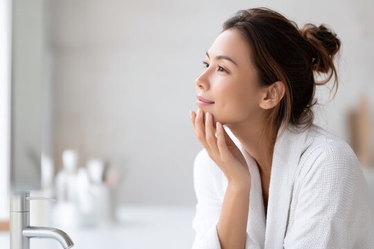 Young Asian woman exploring skincare solutions in a bright bathroom for acne and eczema concerns