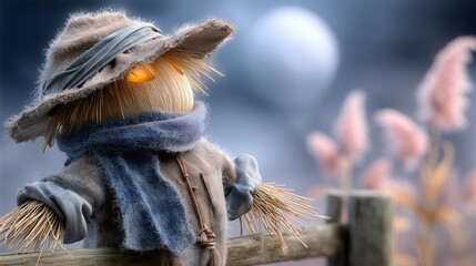 Scarecrow watching over fields at night fantasy scene autumn atmosphere dark environment enigmatic concept