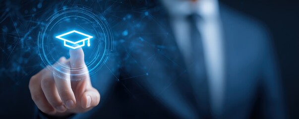 A person in a suit interacts with a digital interface featuring a glowing graduation cap icon symbolizing online education or e-learning.