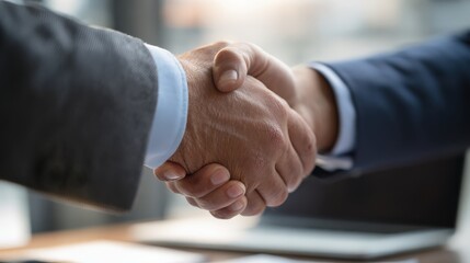Two people in business suits shaking hands in a professional setting, symbolizing agreement or partnership.