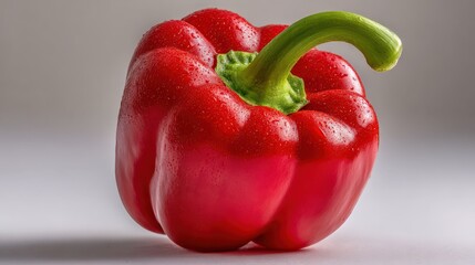 A fresh, red bell pepper with a green stem, glistening with water droplets on a plain gray background.