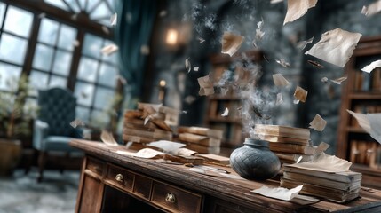 Mystical bookstore chaos enchanted library digital art fantasy realm dramatic angle imagination unleashed