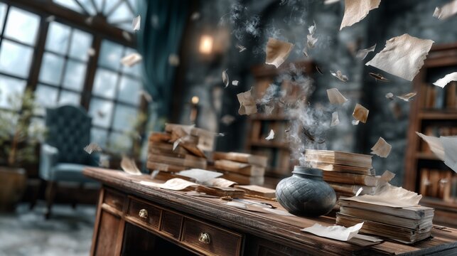 Mystical bookstore chaos enchanted library digital art fantasy realm dramatic angle imagination unleashed