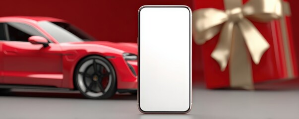 A sleek red sports car next to a blank smartphone screen and a gift box with a gold ribbon on a red background.