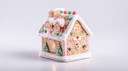 A beautifully decorated ceramic gingerbread house with colorful candy details and snow-like icing on the roof and windows.