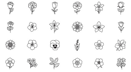  Collection of twenty-eight minimalist line art flower icons and botanical elements. Perfect for branding, websites, invitations, and more. Features simple, elegant designs in black and white, suitabl