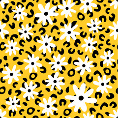 White Daisy with Bright Yellow and Leopard Background Repeat Vector Abstract Pattern 