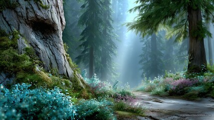 Serene forest pathway enchanted grove nature landscape tranquil environment sunlit viewpoint natural beauty concept