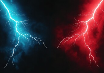 Dramatic Contrast of Blue and Red Lightning Strikes on Black Background