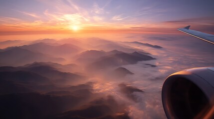 Airplane wing view from plane window over foggy mountains at sunset. Sky and sun above clouds. Scenic flight travel picture. Mountain top below clouds, airline business journey. .