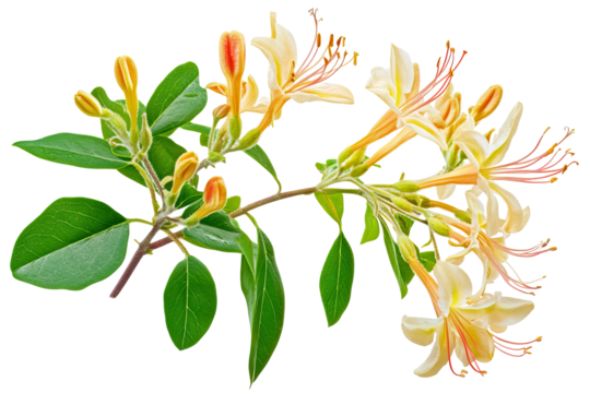 High-resolution honeysuckle blossom vine cluster isolated on transparent PNG background, seamless cutout perfect for elegant floral overlays, wedding invitation designs, digital scrapbooking accents - Powered by Adobe