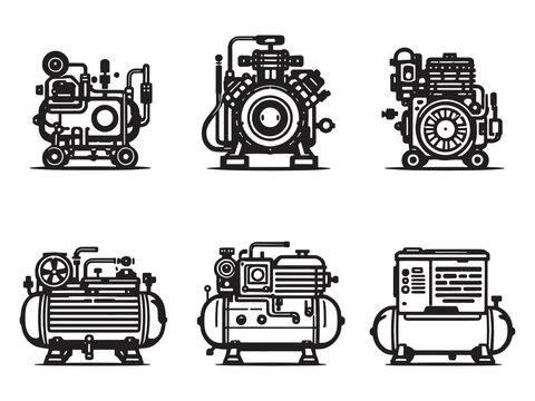 set of 6 psc different type of Air compressor clear vision simple dark black line art on white (3).eps