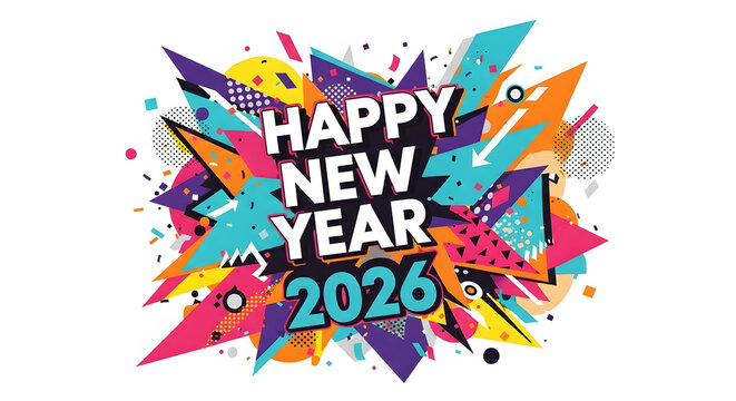 Explosive Retro Abstract Happy New Year 2026 | Colorful Geometric Graphic