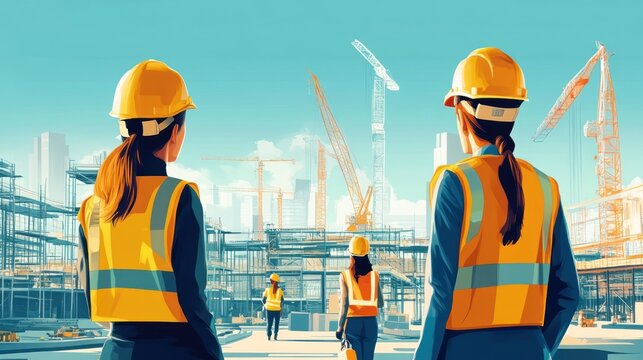 female construction engineers overseeing the building skyline under a clear sky reflecting dedication and progress in contemporary architectural development vision and expertise