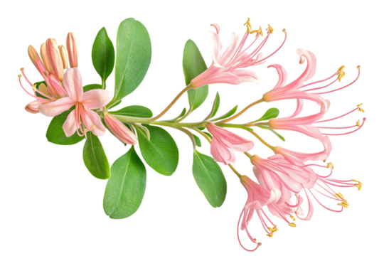 High-resolution honeysuckle blossom vine cluster isolated on transparent PNG background, seamless cutout perfect for elegant floral overlays, wedding invitation designs, digital scrapbooking accents