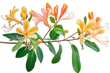 High-resolution honeysuckle blossom vine cluster isolated on transparent PNG background, seamless cutout perfect for elegant floral overlays, wedding invitation designs, digital scrapbooking accents